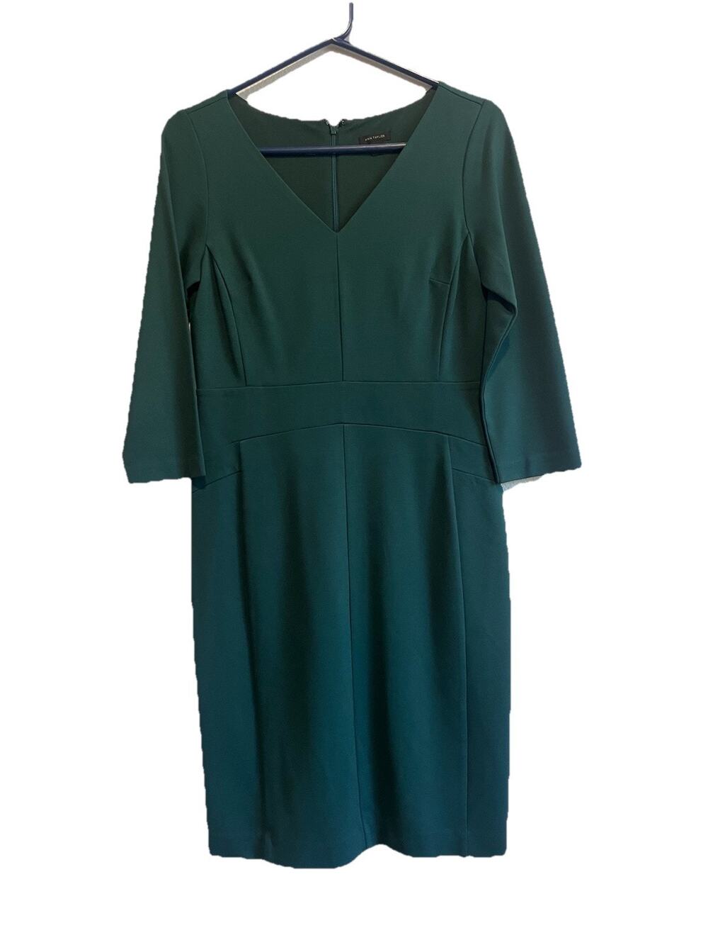 Ann Taylor Green Sheath Dress Women 2 V Neck 3/4 Sleeve Stretch Career Midi